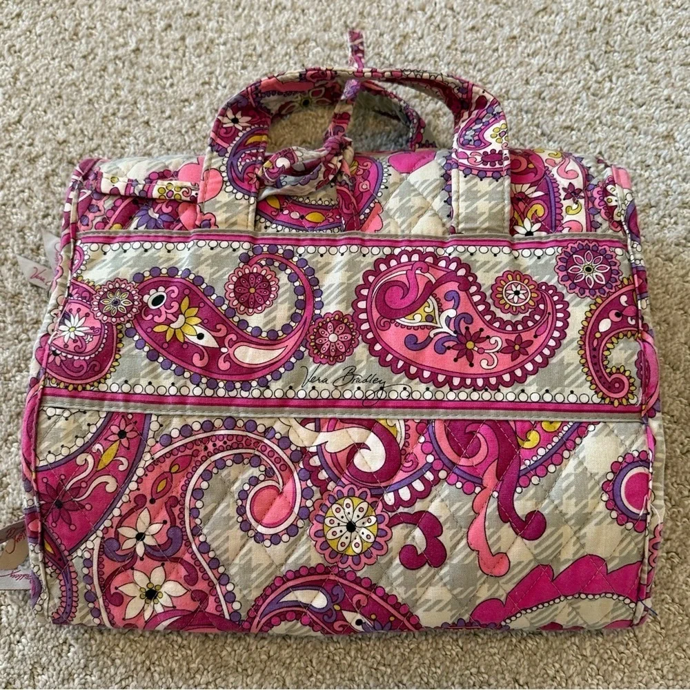 Vera Bradley Pink Paisley Meets Plaid Makeup Bag Hanging Travel Handle Quilted